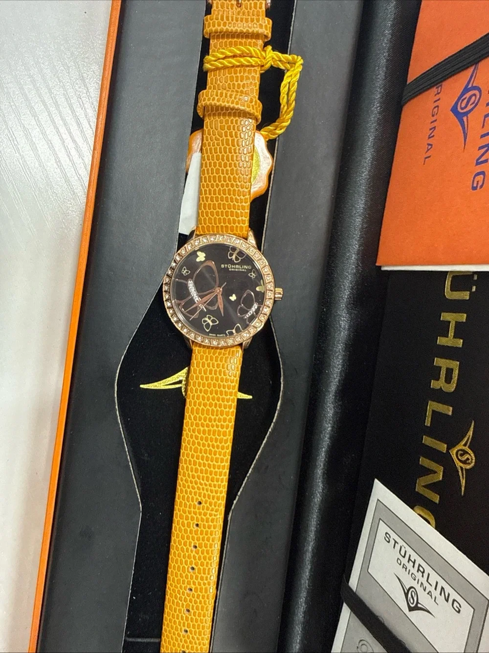 Stuhrling Original Women's Black Butterfly Dial Watch with Mustard Leather Strap